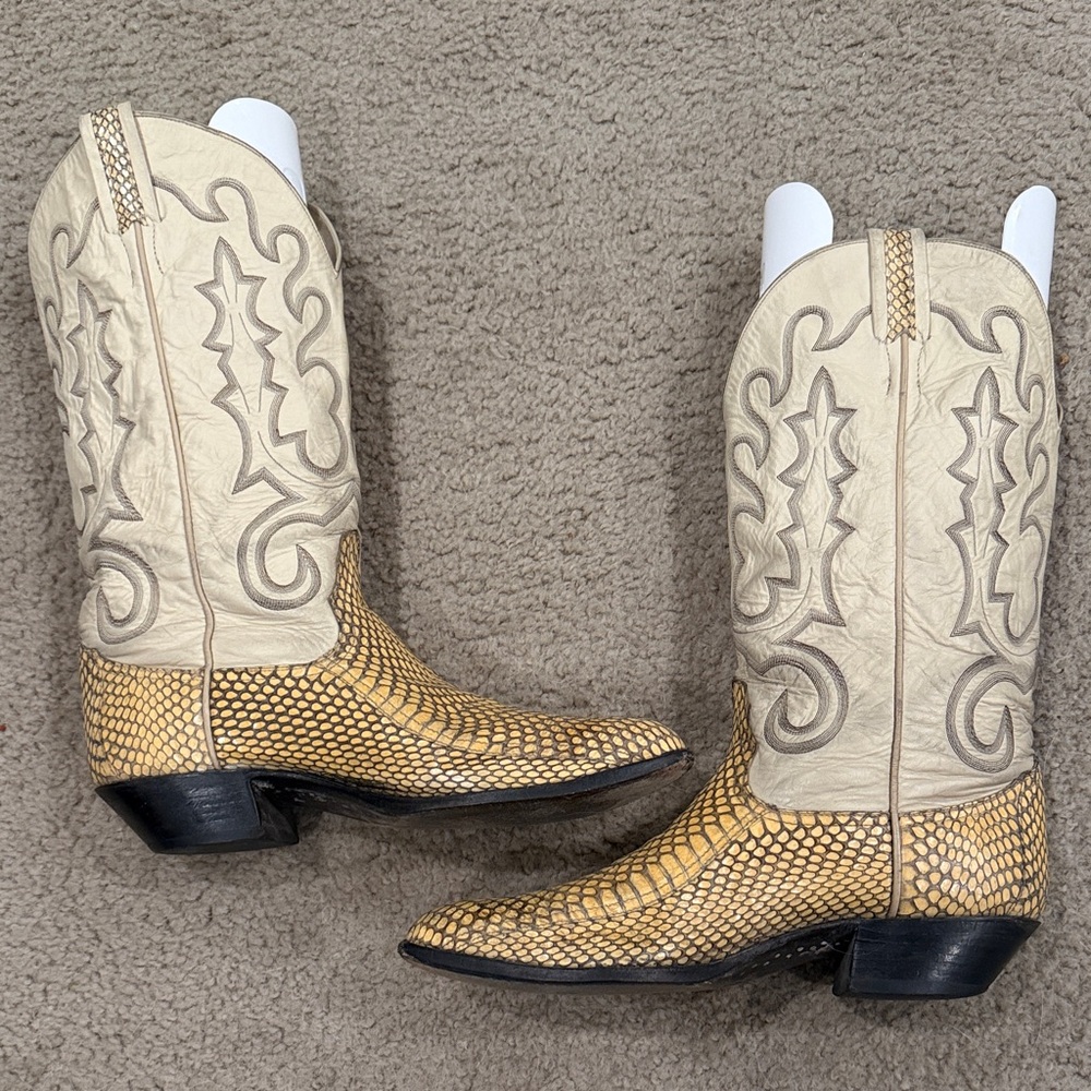 Larry Mahan Cream and Tan Cowboy Boots
